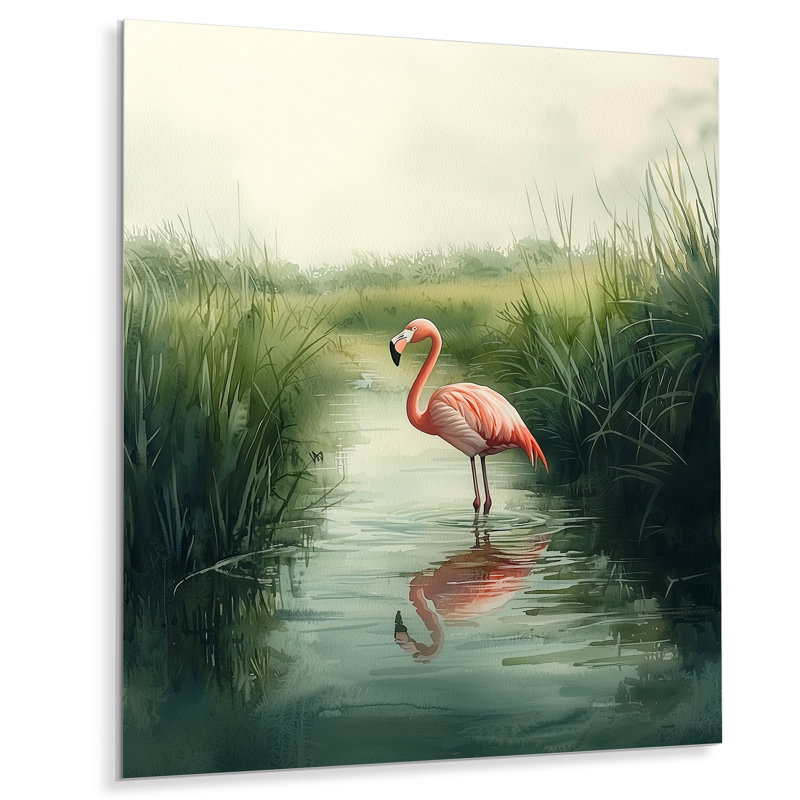 Flamant rose dans le marais - impression de flamant rose sur métal, H 20 po x l 12 po