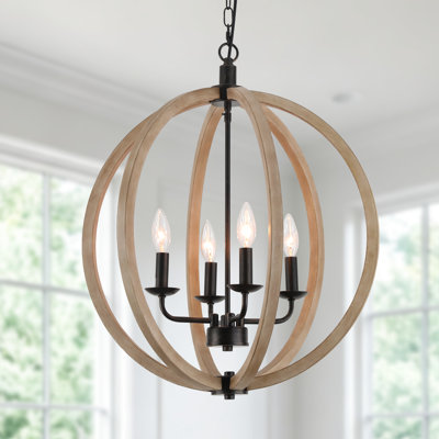 4-Light Globe Orb Wood Chandelier