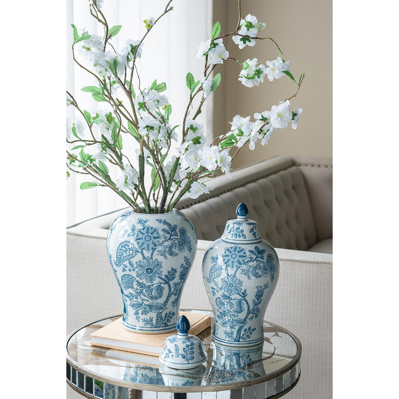 Porcelain Lidded Jar - Blue/White, 14.6" H x 8.3" W x 8.3" D