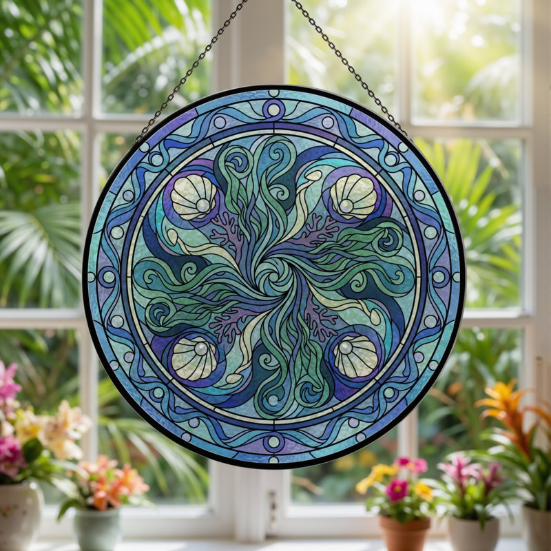 Panneau de vitrail Ocean Swirl, 7,8 heures, H 7,8 po