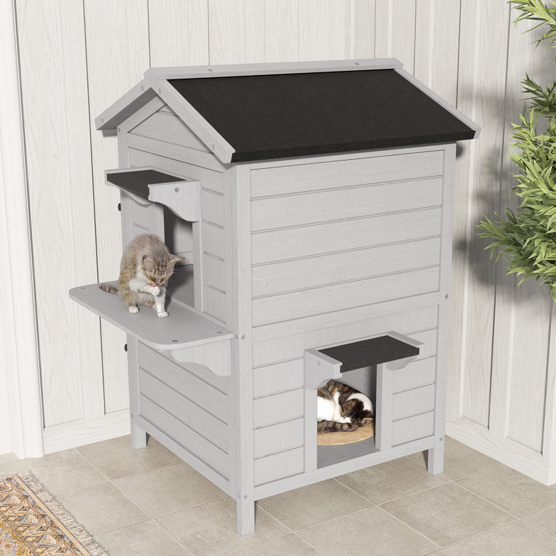 Maison pour chat à 2 niveaux avec toit résistant aux intempéries, abri pour chat en bois pour une utilisation intérieure ou extérieure