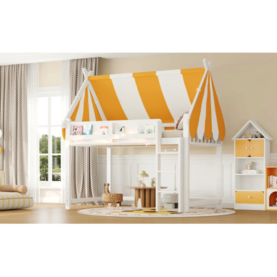 Lit mezzanine double avec auvent, lumières DEL et étagère à livres