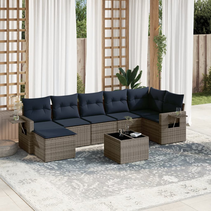 Ensemble de canapé de patio 8 pièces avec coussins en rotin de polyester, Marine, Gris