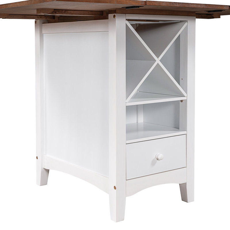 Table de salle à manger à hauteur de comptoir en bois 35,4 po avec abattant et 2 tiroirs, Noyer, Blanc