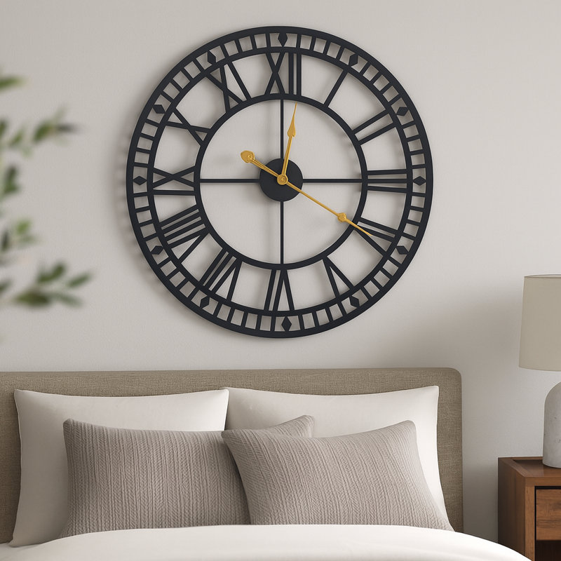 Oversized Round Metal Wall Clock, Large 32" Roman Numeral Silent Clock, Black Home Decor, Black