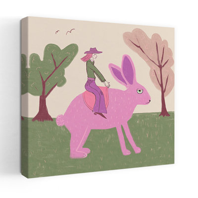 Reproduction d'art mural, lapin, cow-boy, fantaisie contemporaine rose