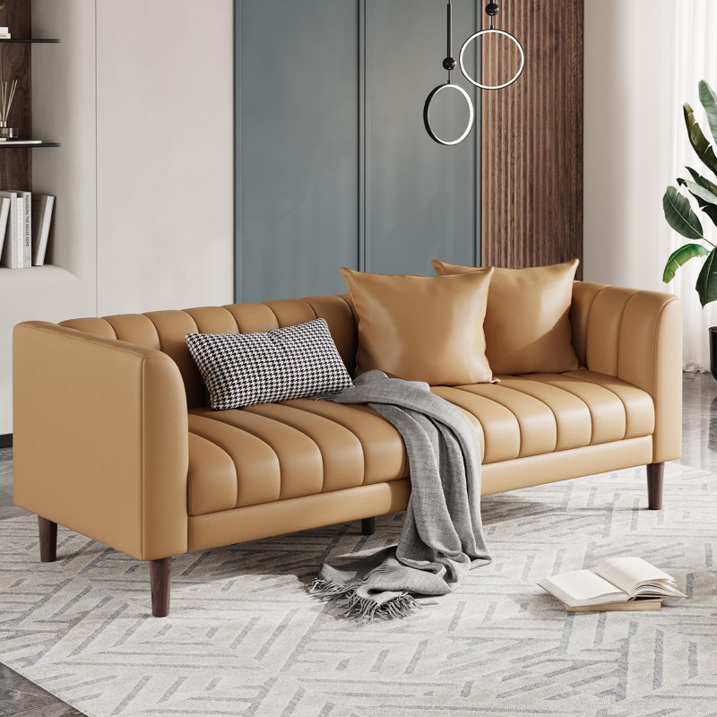 Faux Leather Sofa Couch, Modern 78" W Sofa With Deep Seats, 3 Seater Sofa Couch With 2 Throw Pillows And Wood Legs, Orange