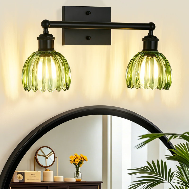 2-light Green Glass Vanity Light, Vintage Bathroom Wall Sconce With Black Metal Frame, Matte Black, 2 Lights