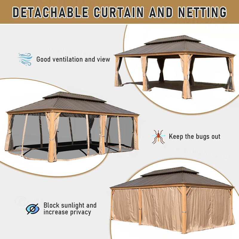 Hardtop Gazebo, Outdoor Gazebo with Galvanized Steel Double Roof, Aluminum Frame, Built-in Gutter System, Curtain and Netting, Metal Gazebo Pavilion for Patio Deck Garden