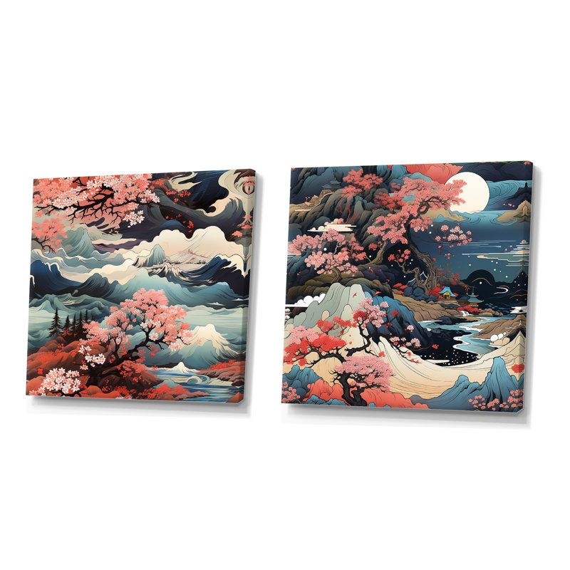 Mountain Ukiyo E - Paysages abstraits, ensemble de 2 carrés carrés, Toile tendue, H 16 po x l 33 po