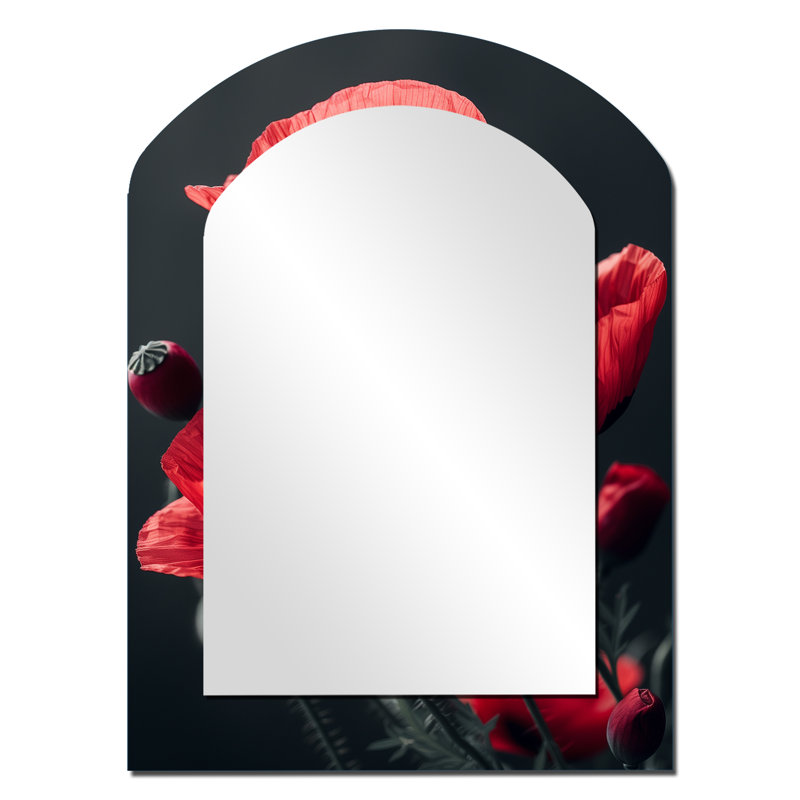 Red Black Poppies Monochrome Charm I - Poppies Arch Wall Mirror, Red Asymmetrical Decorative Mirror, Printed Metal Art