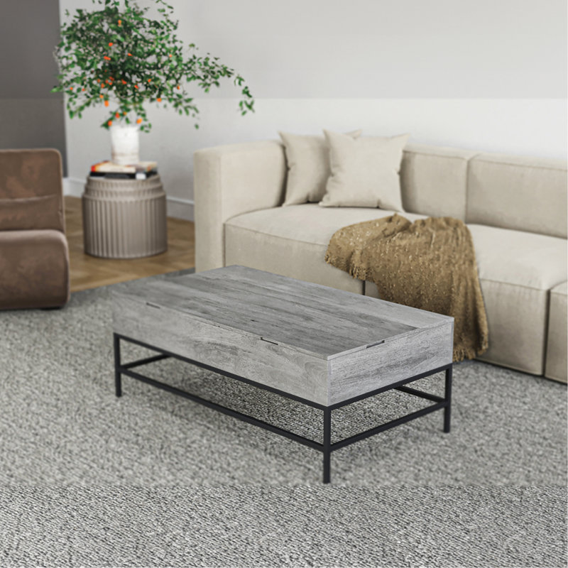 Table basse contemporaine en bois avec base en métal et plateau relevable au look naturel gris - option élégante