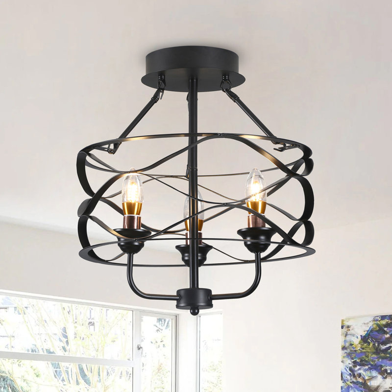 3-Light Black Finish Caged Semi-Flush Mount Light