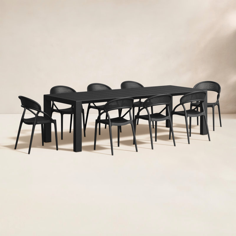 Farrah Extendable Plastic 9-Piece Patio Dining Set, Black