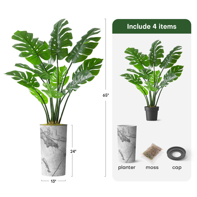Arbre artificiel dans un pot de fleurs moderne, décoration d'arbre en soie artificielle Monstera (pot et arbre), H 65 po