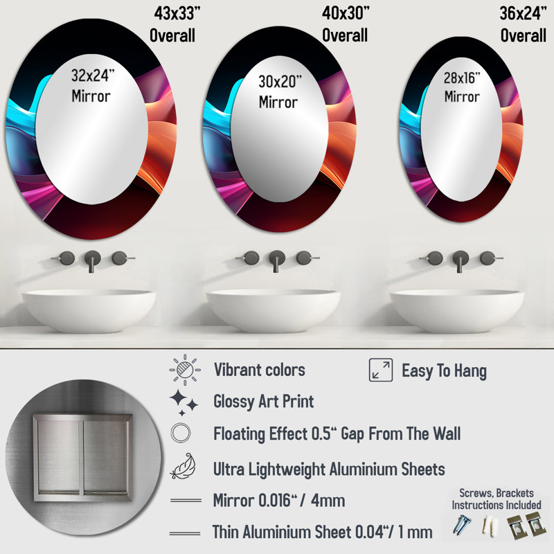 Sallas Rainbow Colors Symphony IV - formes abstraites, miroir mural, miroir bleu, impression sur métal, 36 po x 24 po, Ovale