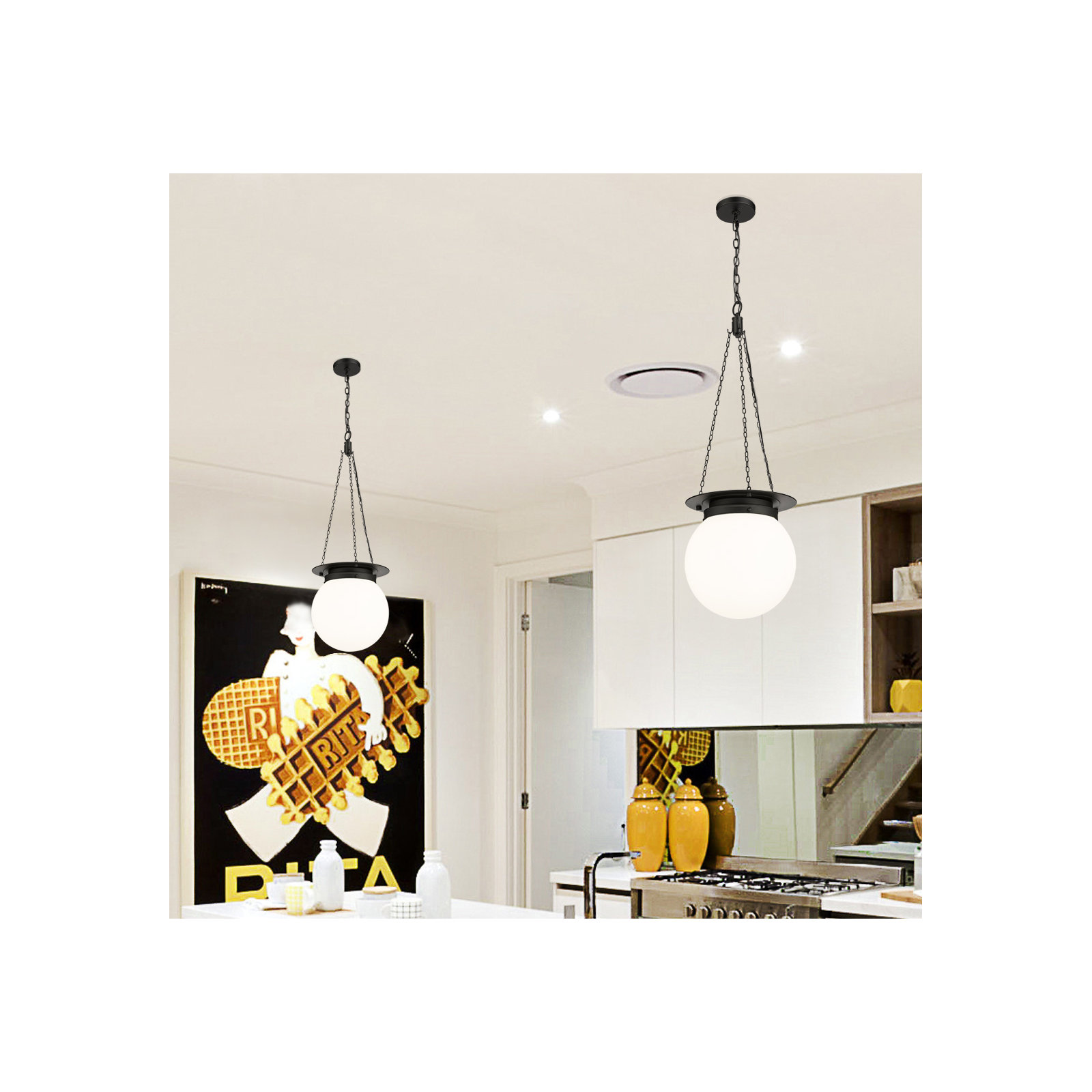 Zella Single Light Glass Dimmable Pendant, White, 86.75" H x 13" W x 13" D, Matte Black