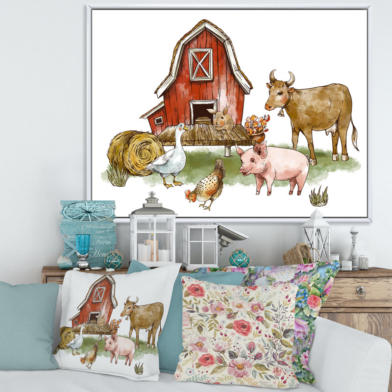 «Farm House With Goose Chicken Cow Pig And Haystack», reproduction sur toile flottante, Cadre blanc