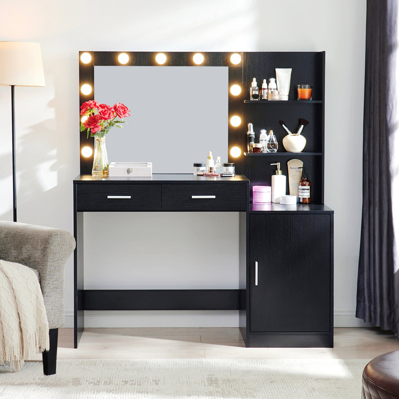 Vanity Desk With Mirror And Lights, Dressing Table With 2 Drawer, 3 Lighting Modes Adjustable Brightness, Suitable For Bedroom
