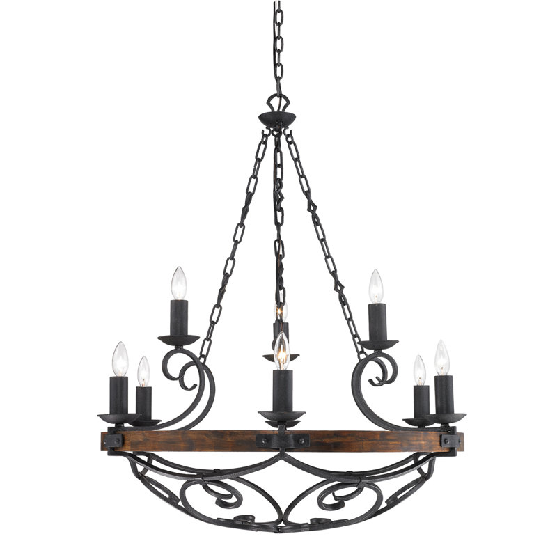 Conyngham 9 - Light Dimmable Chandelier, Rustic Oak Wood, Black Iron