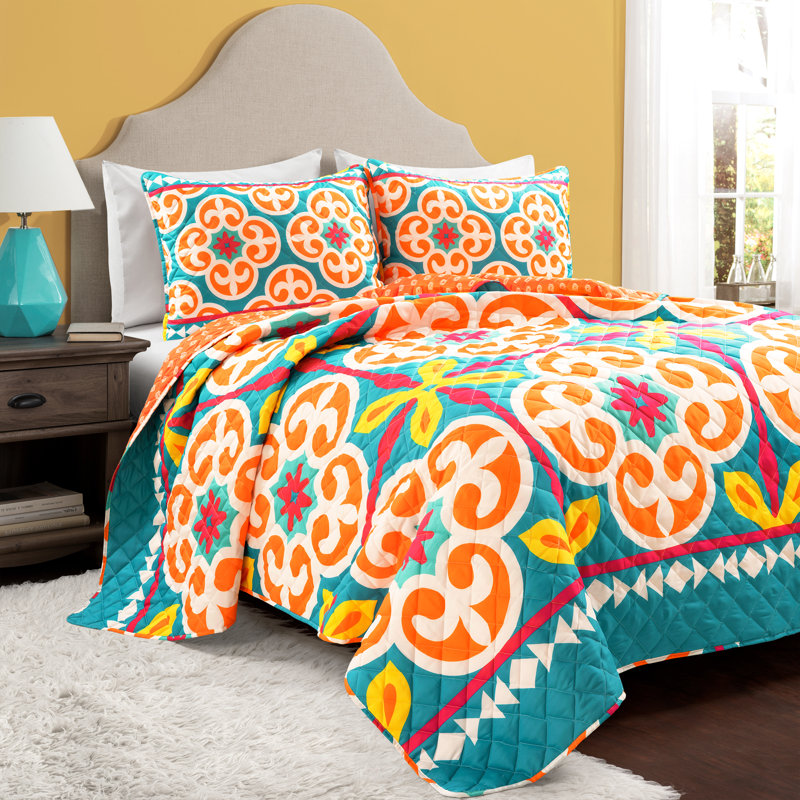 Ensemble de courtepointe réversible en microfibre turquoise / orange 3 pièces