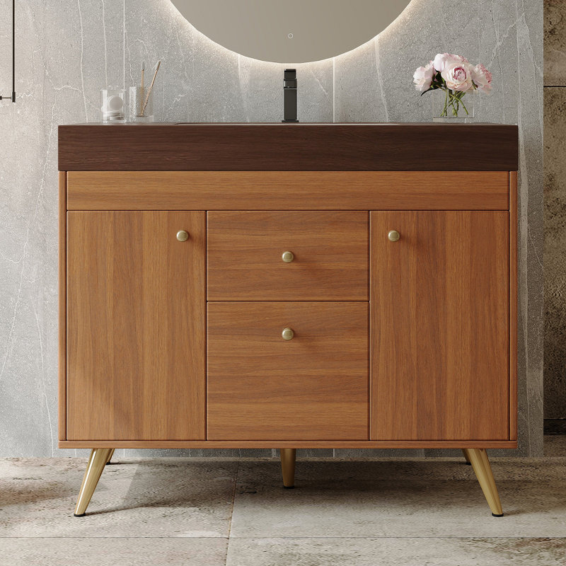 Meuble-lavabo autoportant moderne de 36 po avec plateau en pierre frittée, lavabo en céramique et rangement intelligent, Brun