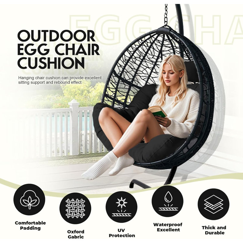 Waterproof Egg Chair Cushion – 7" Thick With Headrest Black
