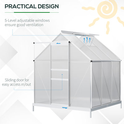 Serre en polycarbonate de 6 pi x 6 pi x 6,5 pi avec cadre en aluminium, serre robuste à accès frontal avec évent de toit réglable, gouttière et porte coulissante pour l'hiver, argent
