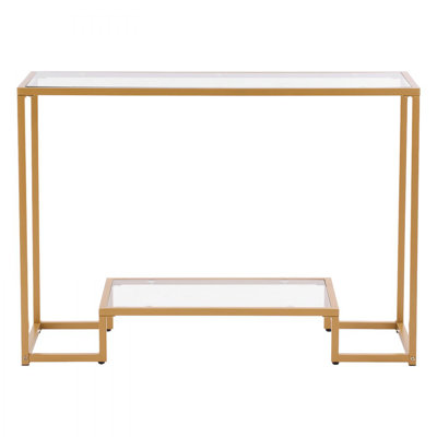 2-Tier Glass Console Table, Modern Rectangle Sofa Side Table with Tempered Glass Top and Iron Legs, Consloe Desk with Anti-Tip Device for Living Room, by Mercer41