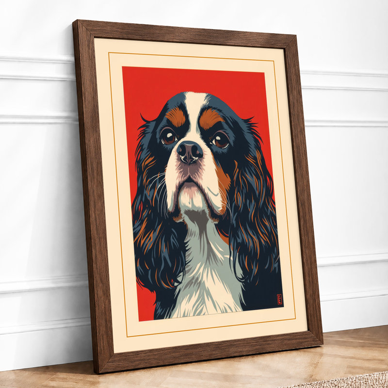Spaniel in Red Japandi - Framed Print, Walnut, A4 - 29.7 x 21.0 cm