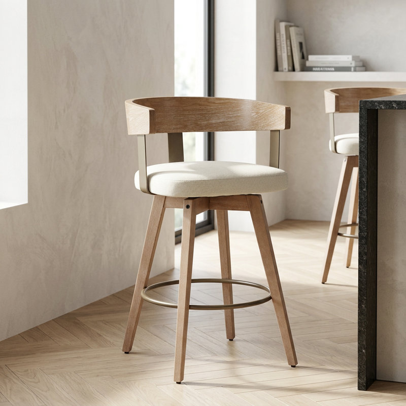 26" Modern Swivel Counter Height Bar Stool with Performance Fabric Upholstery, Curved Wood Back & White-Washed Wood Legs, Ivory – Janice by Pipp & Liv (Single)
