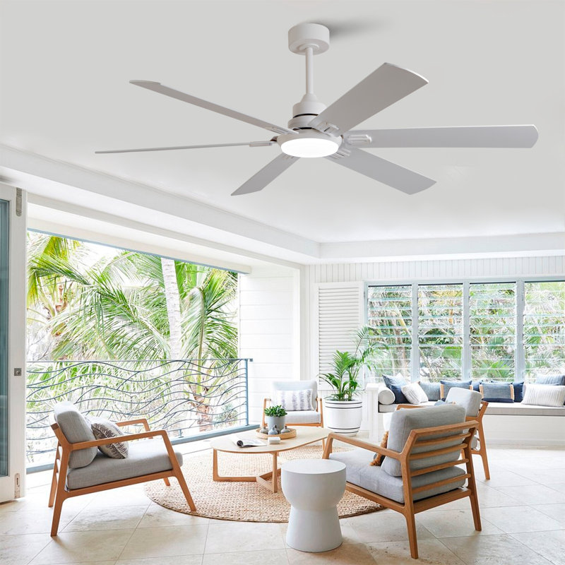 60-inch 6-Blade White Plywood Fan Blade Ceiling Fan Light with Remote Control—DC Inverter, Three Color Temperatures, Six Speed Settings, for Living Room and Dining Room