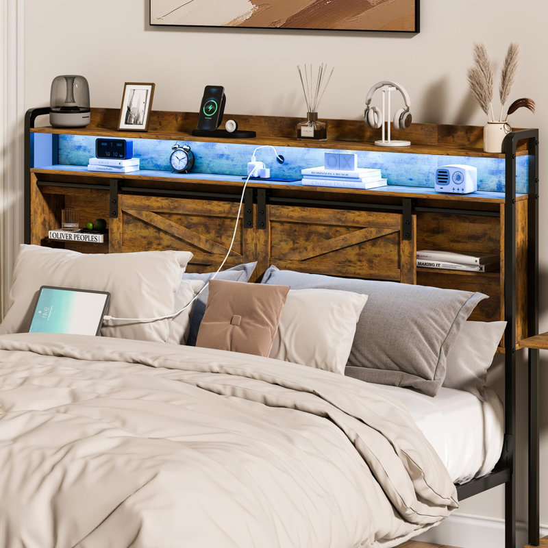  Issifu Farmhouse Headboard with Sliding Barn Door Storage, LED Light and Charging Station,  Rustic Brown, King