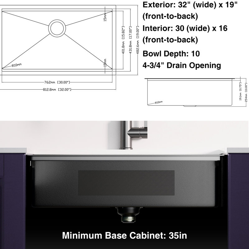 Évier de cuisine noir en acier inoxydable de calibre 18 de 32 po Gunmetal, installation sous le comptoir, découpe minimale de l'armoire encastrée de 35 po, rehaussant l'apparence et la fonctionnalité