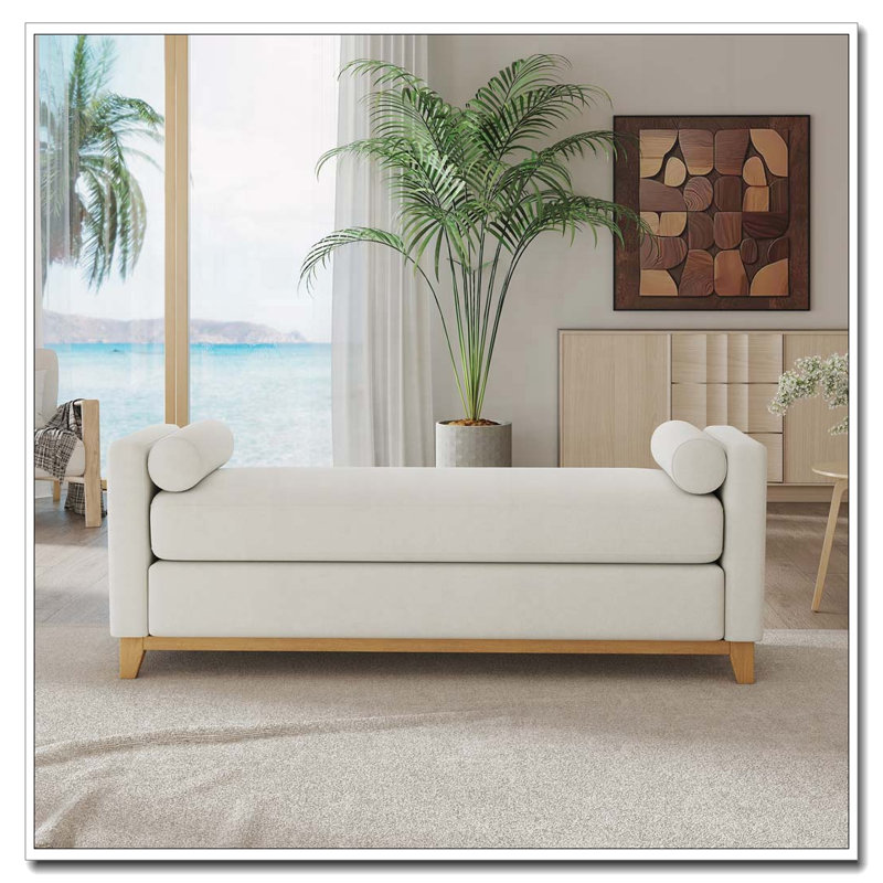 Solid Wood Upholstered Bench, 66.34 inch, Beige+Natural