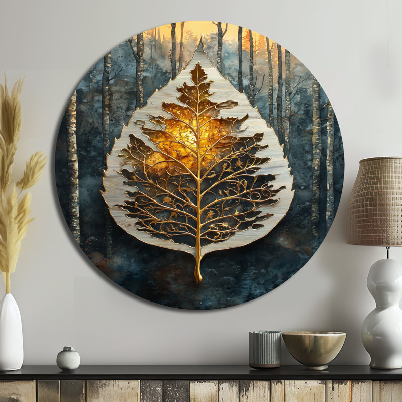 Art mural rond en métal moderne, lever de soleil moderne et feuilles, H 16 po x l 16 po