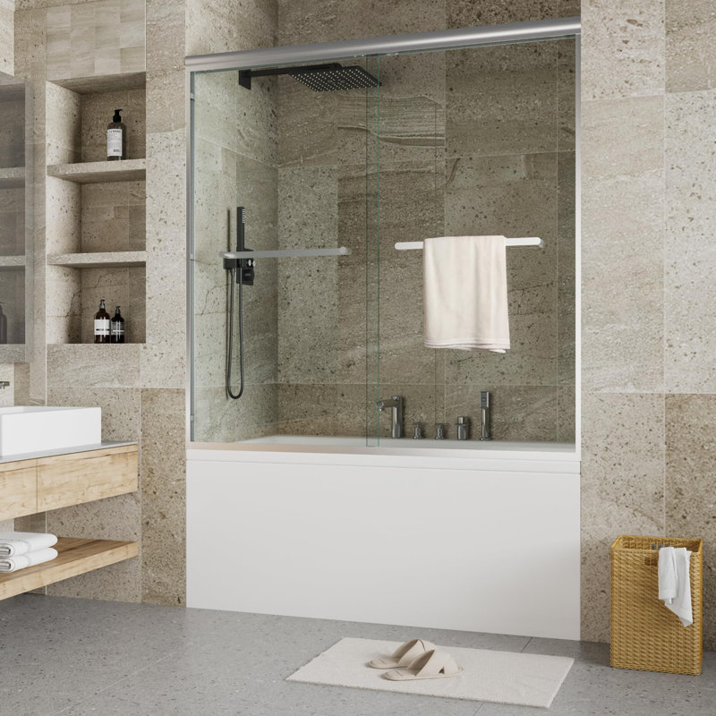 Bathtub Sliding Shower Door Glass Panel for Tub Shower Space and Bathroom Remodel, Brushed Nickel