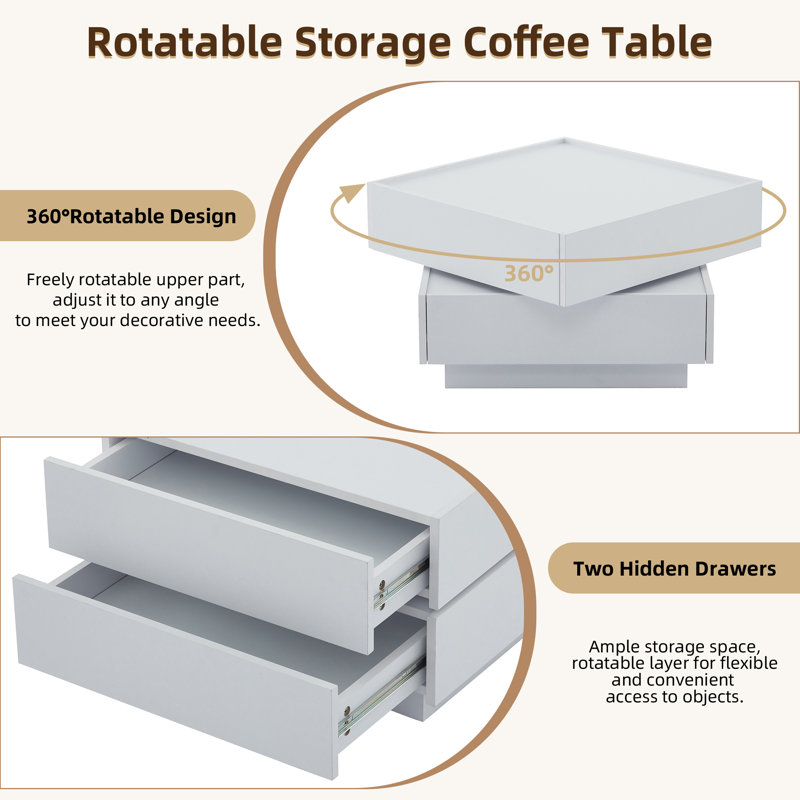  Rotating Coffee Table with Swivel Top and Hidden Storage, 2-Tier Modern Center Table with Drawers, Oak, White