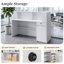 Bureau d'accueil moderne blanc en forme de L avec bande lumineuse DEL intégrée, prises électriques et tiroir verrouillable, idéal pour caisse, salon de coiffure, bureau ou comptoir d'accueil.-129942761-133985416