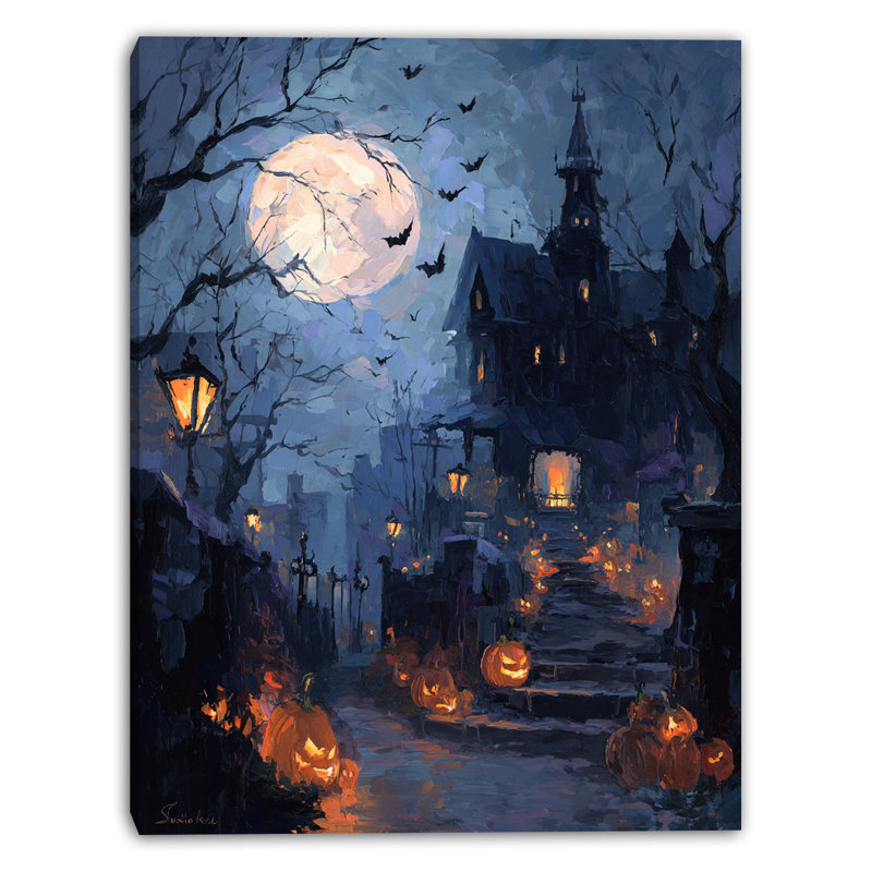 «Creepy Haunted House with Pumpkins», art mural sur toile tendue