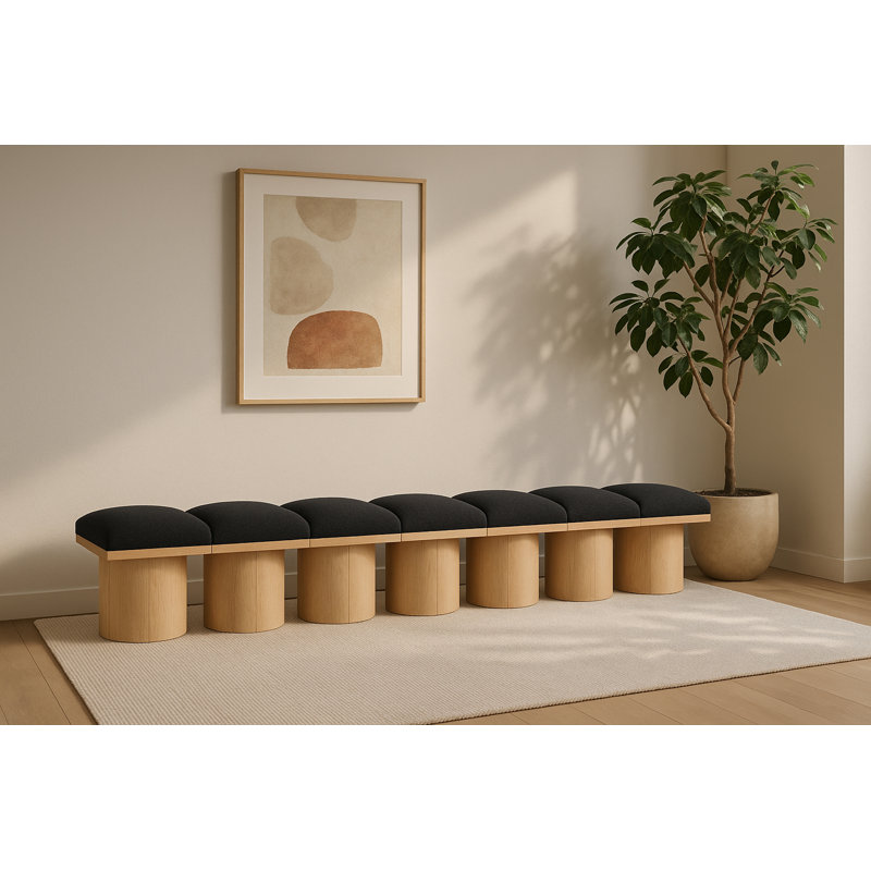 Banc rembourré Horatia, Tissu bouclé noir, Naturel, H 17,5 po x l 108,5 po x P 18 po
