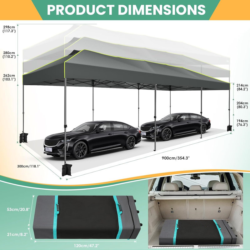 10'Wx30'D Pop Up Canopy, One Push Setup Glow Party Tent, Grey