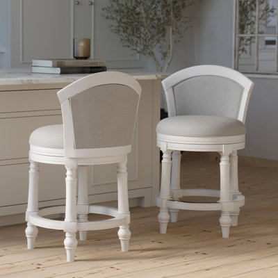 Tabouret de bar pivotant à hauteur de comptoir avec conception arrière, siège de 26 pouces de hauteur, revêtu de blanc et gris, fonction à 180 degrés, rembourré, assise avec cadre