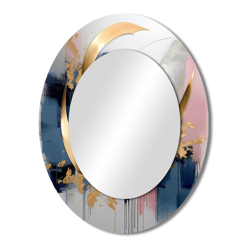 Golden Blue Abstract Whirls Of Serenity III - Abstract Oval Decorative Mirror On Metal, 43" x 33"