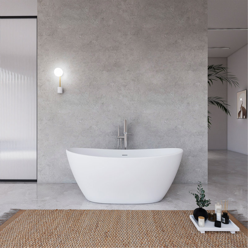 61 Inch Freestanding Solid Surface Soaking Bathtub For Bathroom, Matte White
