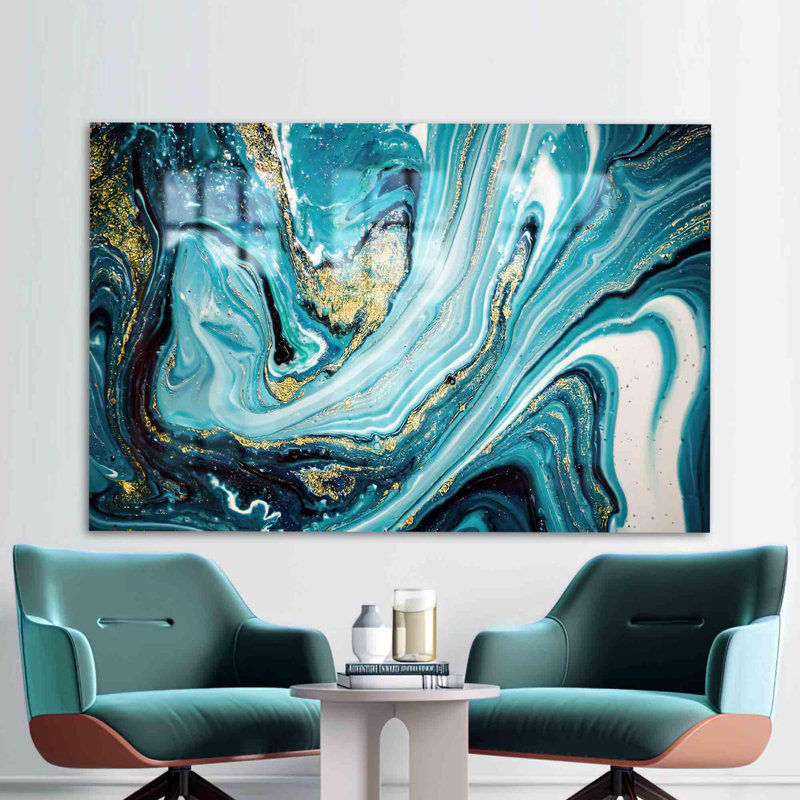 Art abstrait en marbre bleu et doré sur verre trempé pour une décoration murale avec une touche d'élégance et de luxe