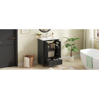 Meuble-lavabo de 24 po avec lavabo en céramique, armoire de rangement avec portes à fermeture douce, armoire de salle de bain avec tiroir et séparateurs de tiroir