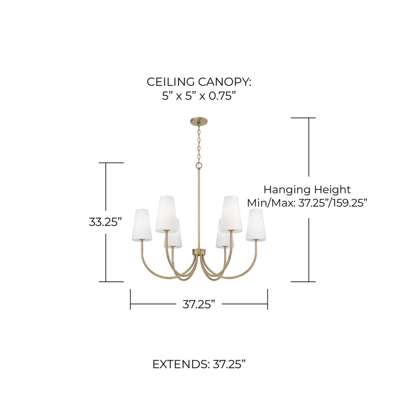 Lustre transitionnel 6 lumières 37,5 po x l 26,5 po noir mat avec verre blanc conique, Laiton