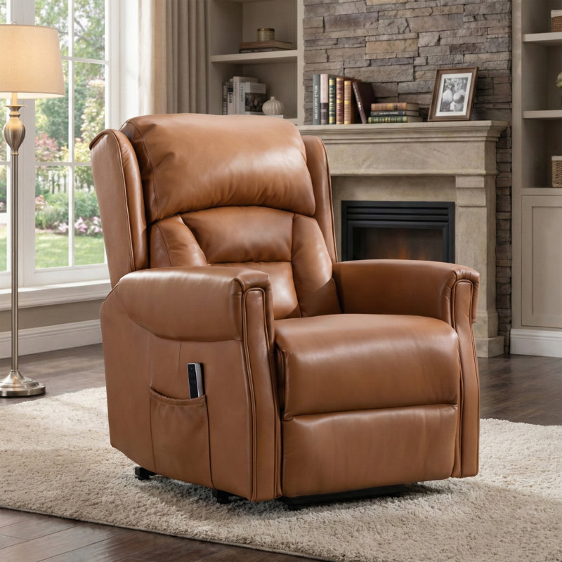 Lelani Ansley Genuine Leather Lift Assist Recliner, Tan