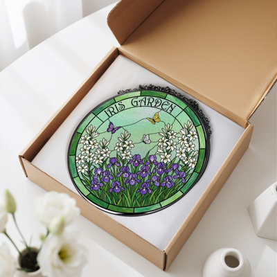 12"H Iris Garden Stained Glass Window Panel